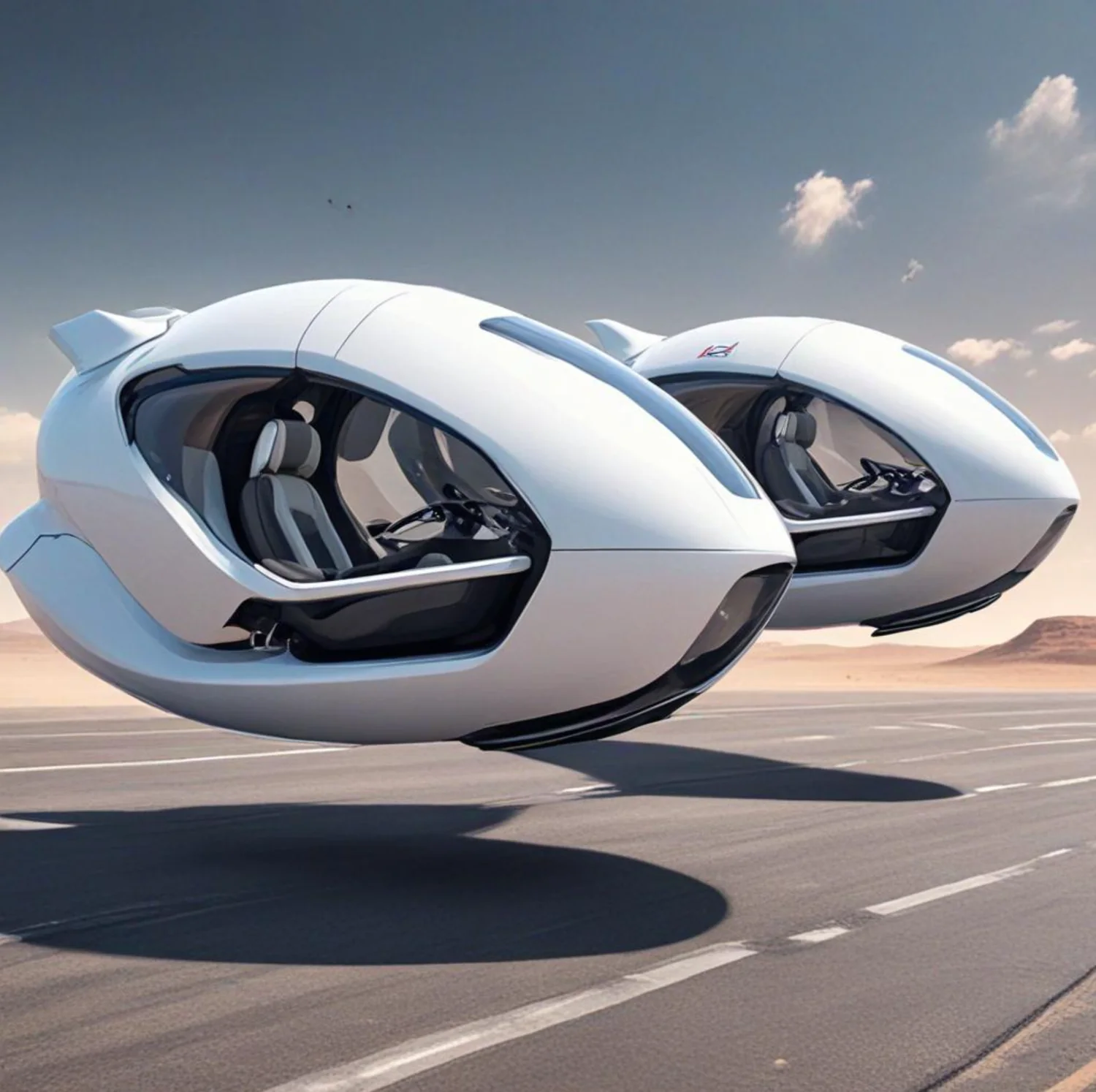 Zwei schwebende weiße futuristische Fahrzeuge