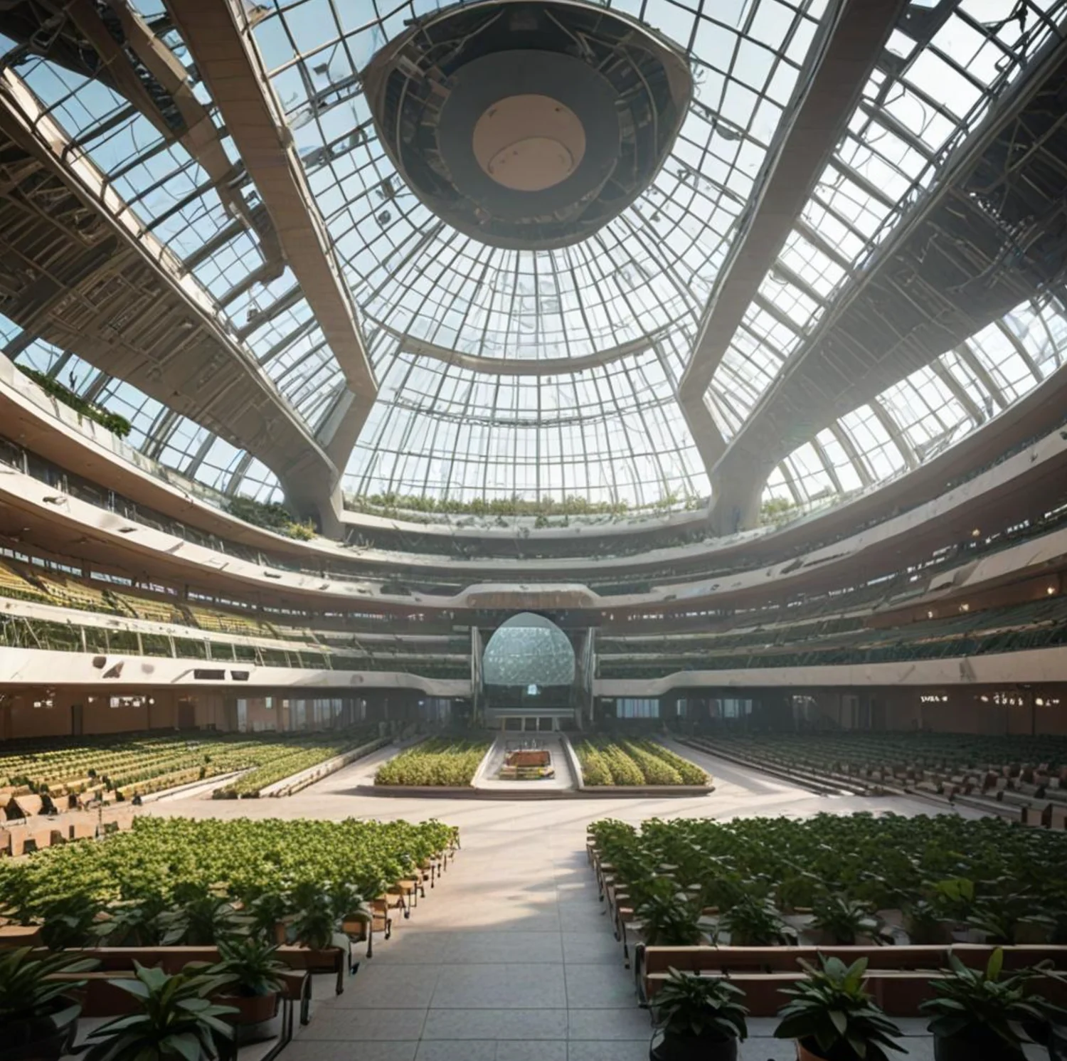 Riesige gläserne Halle, in der Menschen und Pflanzen von Technik umgeben sind
